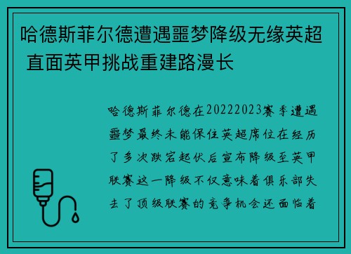 哈德斯菲尔德遭遇噩梦降级无缘英超 直面英甲挑战重建路漫长 哈德斯菲尔德遭遇噩梦降级无缘英超 直面英甲挑战重建路漫长