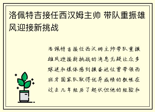 洛佩特吉接任西汉姆主帅 带队重振雄风迎接新挑战